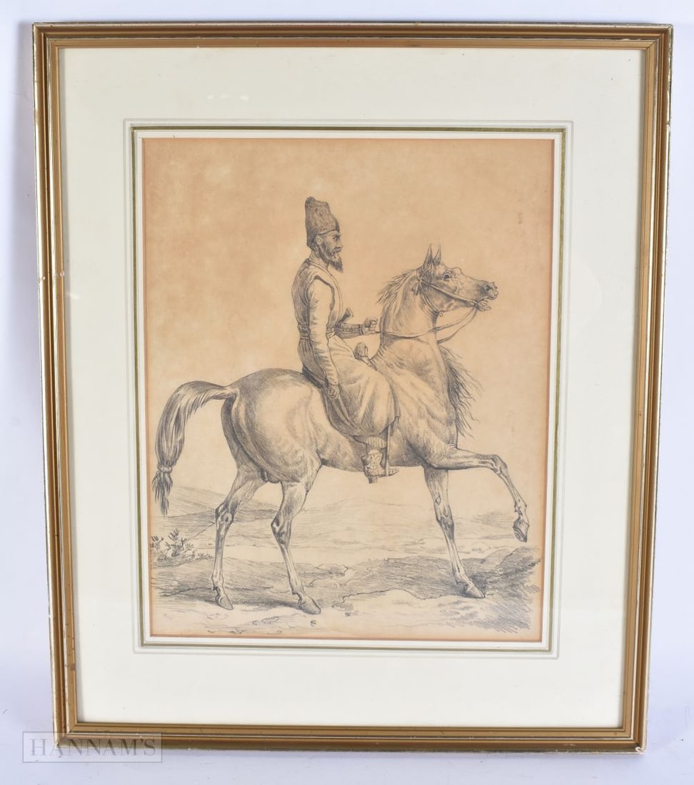 Henry G Blackhouse (Mid 19th Century) After Carle Vernet, Pencil sketch, Male riding a horse. 48 cm: Henry G Blackhouse (Mid 19th Century) After Carle Vernet, Pencil sketch, Male riding a horse. 48 cm x 40 cm, image 34 cm x 26.5 cm.