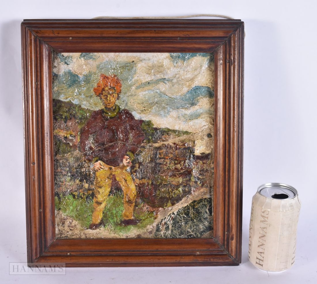 British School (20th Century) Oil on stone, Male in a landscape. 34 cm x 24 cm, image 26 cm x 20 cm.: British School (20th Century) Oil on stone, Male in a landscape. 34 cm x 24 cm, image 26 cm x 20 cm.