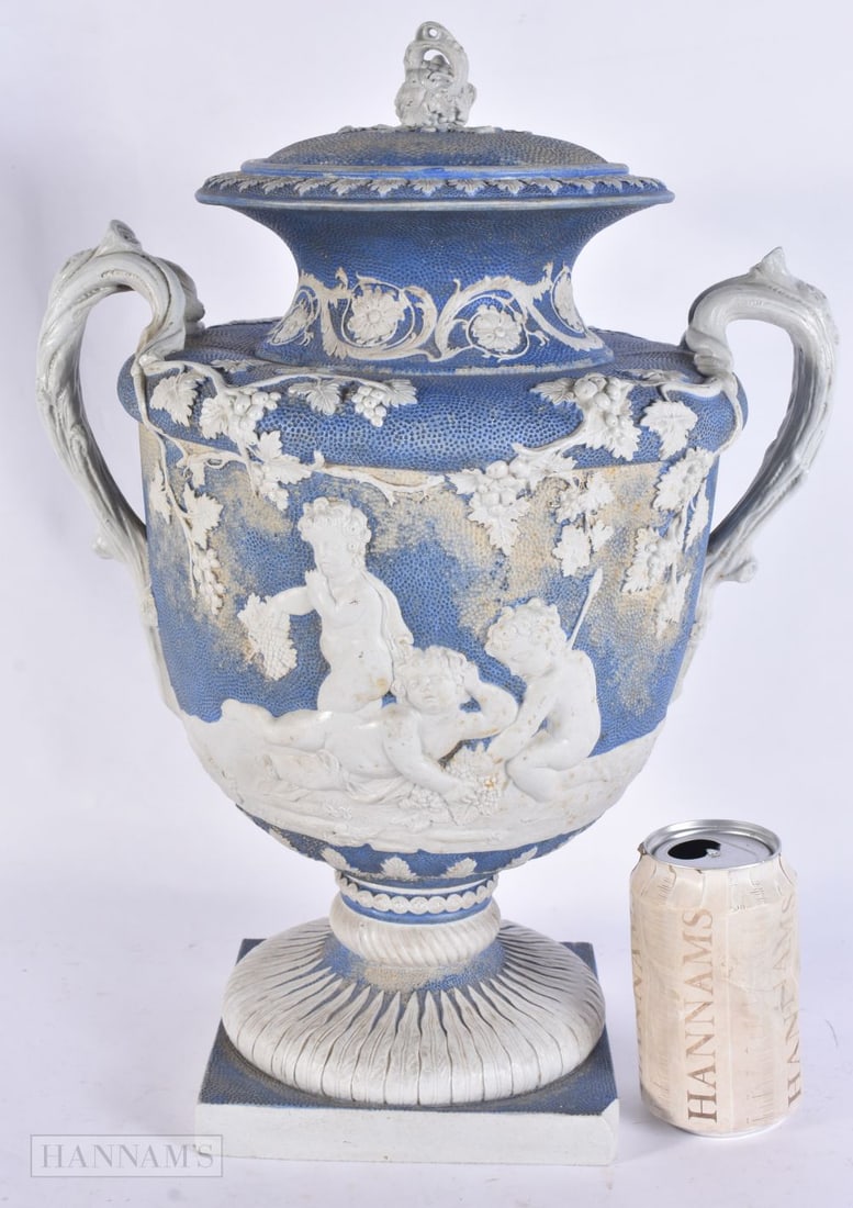 A RARE EARLY 19TH CENTURY ENGLISH SALT GLAZED VASE AND COVER decorated with classical figures on a d (1 of 8)