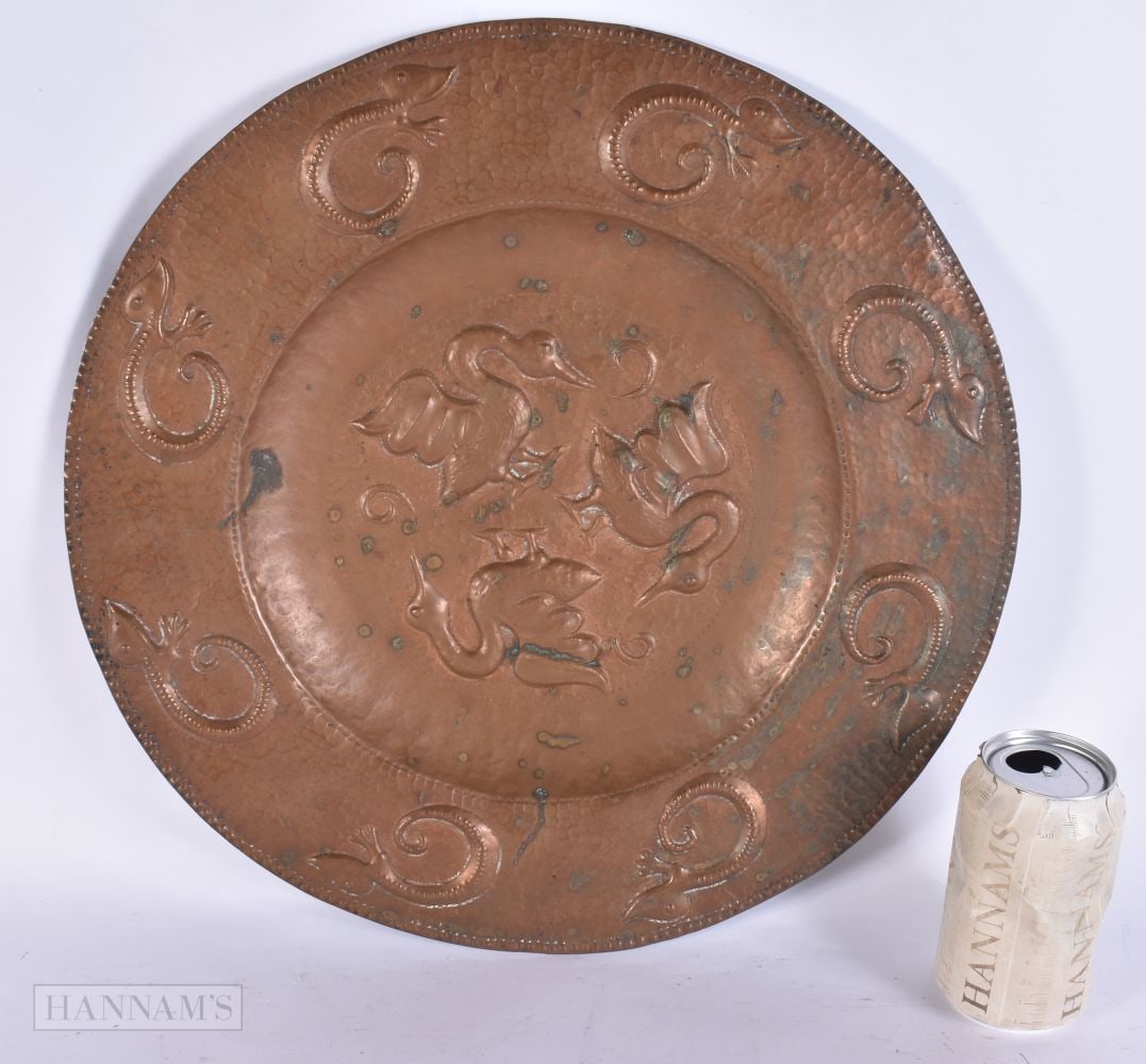 A LOVELY ARTS AND CRAFTS COPPER DISH by John Pearson. 42 cm wide. (1 of 6)