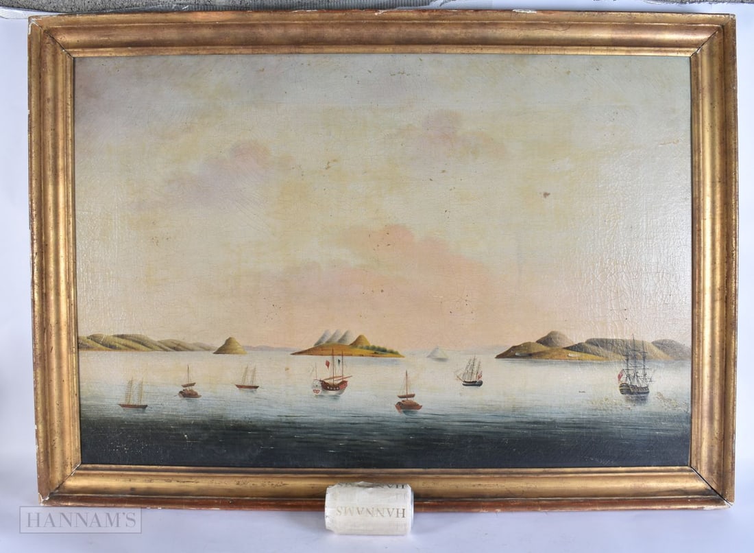 Chinese School (18th/19th Century) Oil on canvas, Pearl river at Whamoa. 100 cm x 68 cm, image 88 cm (1 of 6)
