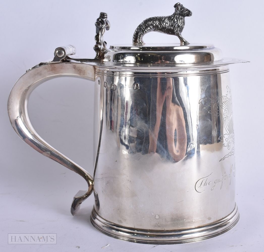 A FINE CHARLES II STYLE SILVER TANKARD. London 1936. 1134 grams. 21 cm x 19 cm. (1 of 7)