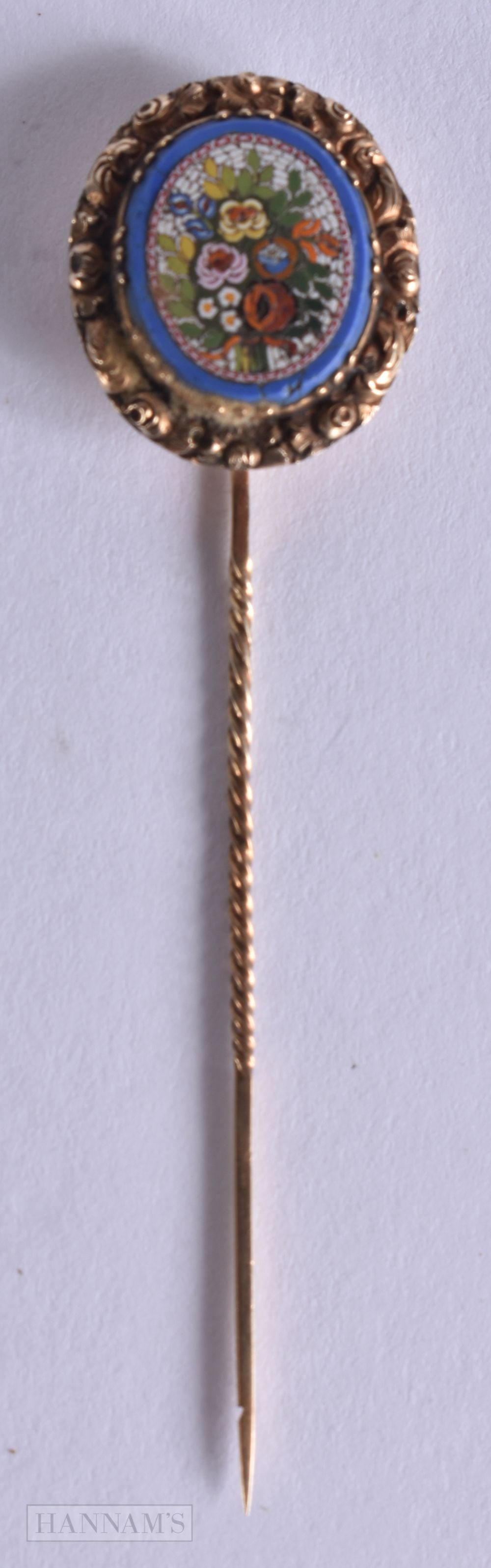 AN ANTIQUE YELLOW METAL MICRO MOSAIC PIN. 4.7 grams. 7.75 cm x 2 cm. (1 of 3)