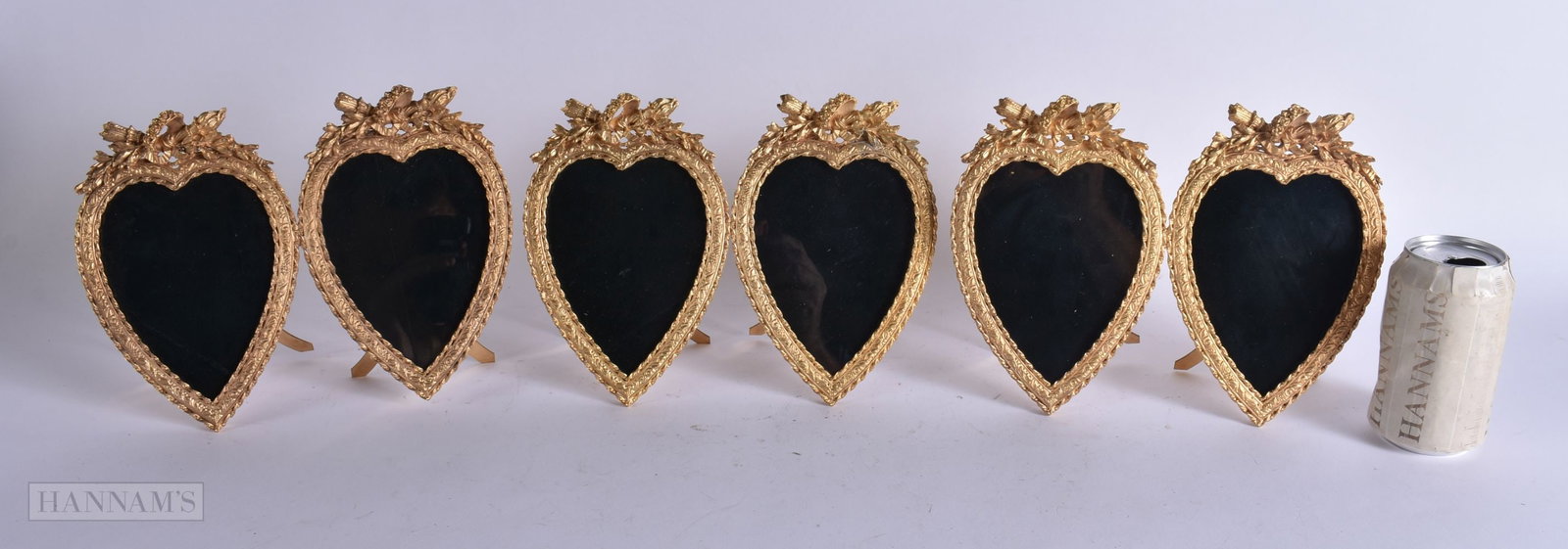 A SET OF THREE GILT METAL DOUBLE HEART PHOTOGRAPH FRAMES. 24 cm x 16 cm. (3) (1 of 5)