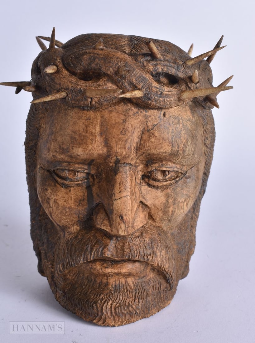 A CARVED WOOD BUST OF CHRIST. 15 cm x 10 cm. (1 of 5)