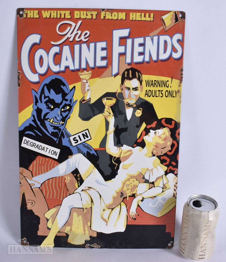 AN ENAMEL COCAINE FIENDS SIGN. 45 cm x 28 cm. (1 of 2)