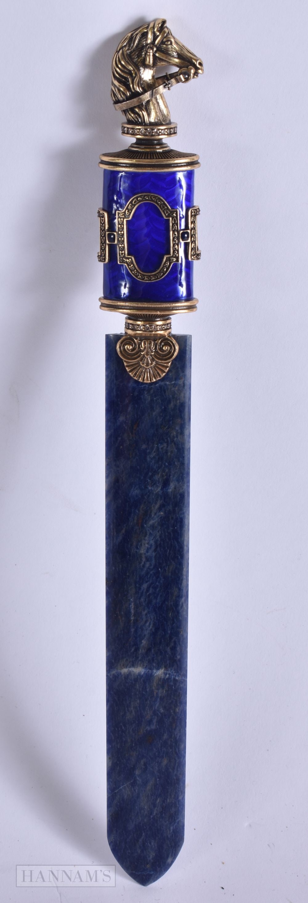 A CONTINENTAL SILVER GILT ENAMEL AND LAPIS LAZULI LETTER OPENER. 25 cm long. (1 of 5)