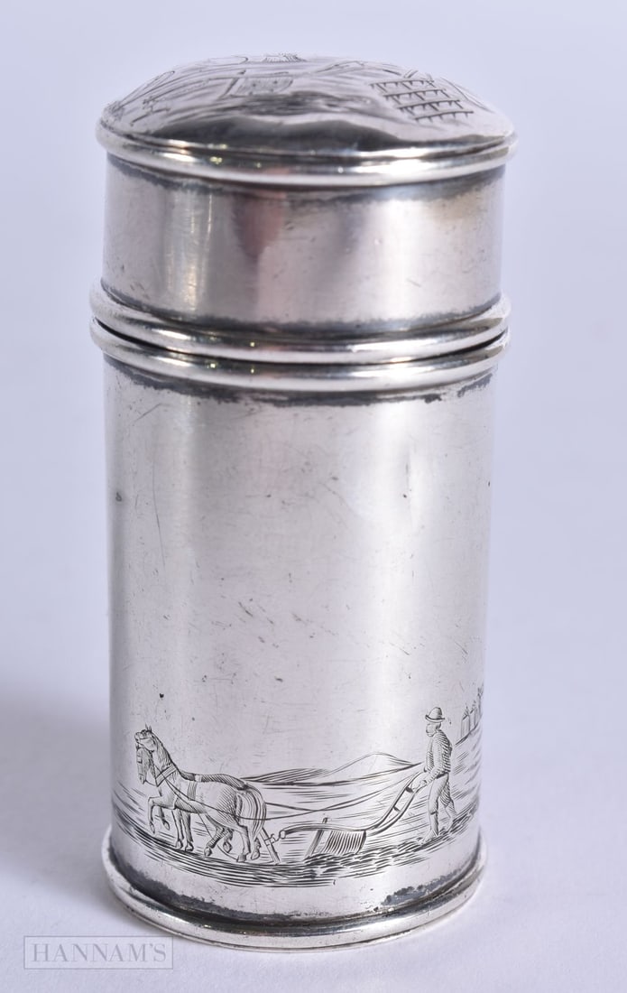 AN UNUSUAL VICTORIAN SCOTTISH SILVER BOX engraved with scenes. 50.2 grams. 7 cm x 3.5 cm. (1 of 5)