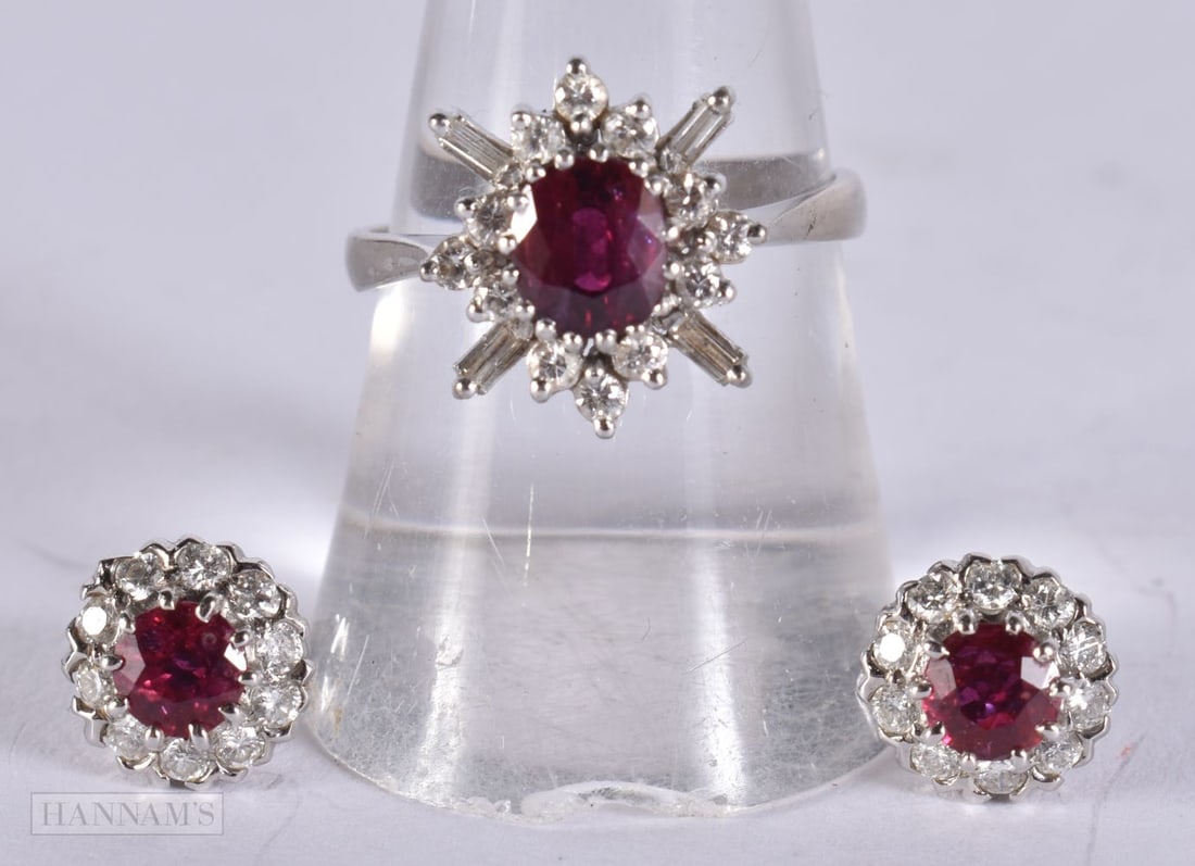 AN 18CT GOLD DIAMOND AND RUBY GARNITURE. 8.6 grams. Ring Q. (3) (1 of 3)