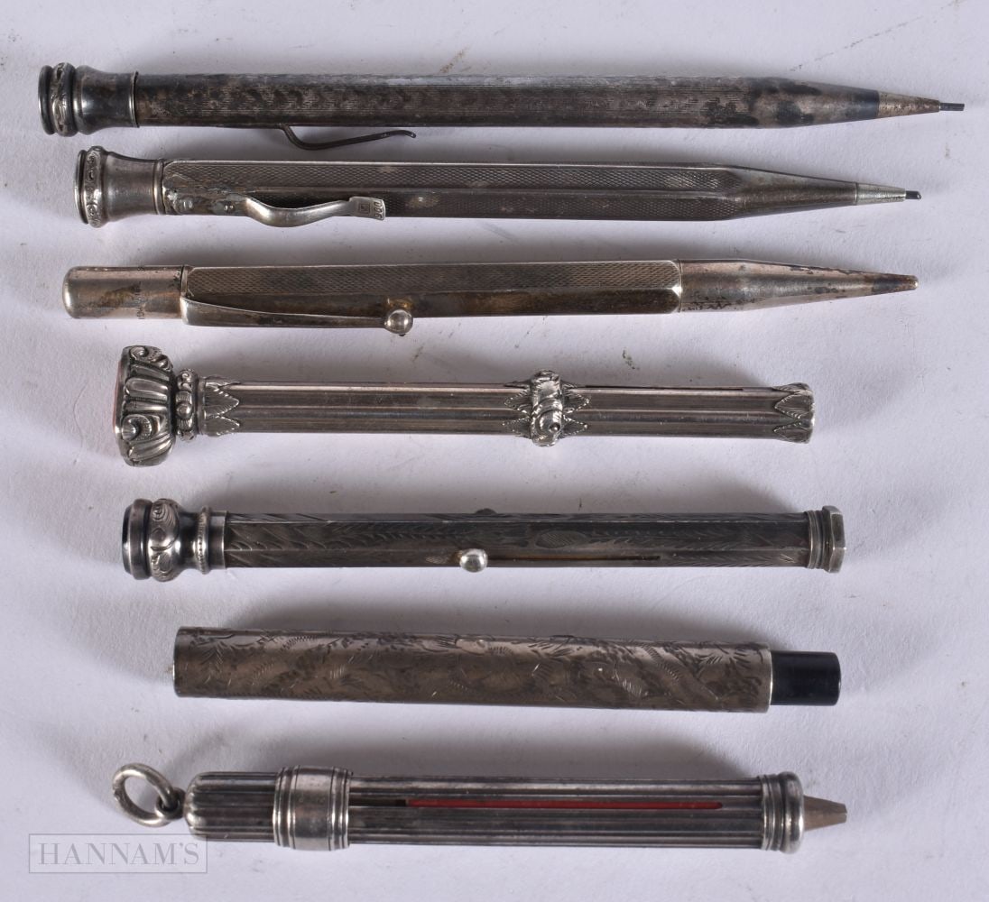 SEVEN ANTIQUE SILVER PENS & PROPELLING PENCILS. 115 grams. (7) (1 of 3)