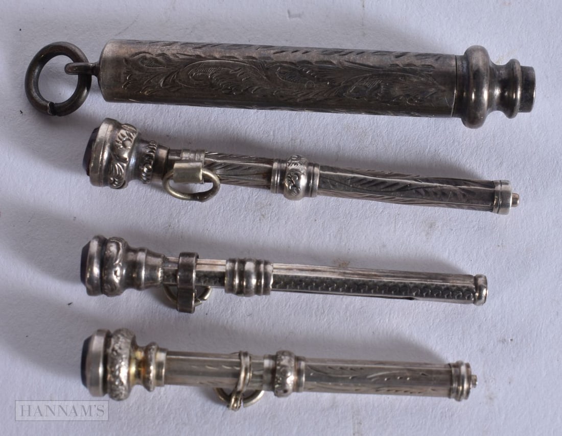 FOUR MINIATURE ANTIQUE SILVER FOB PENS/PENCILS. (4) (1 of 2)