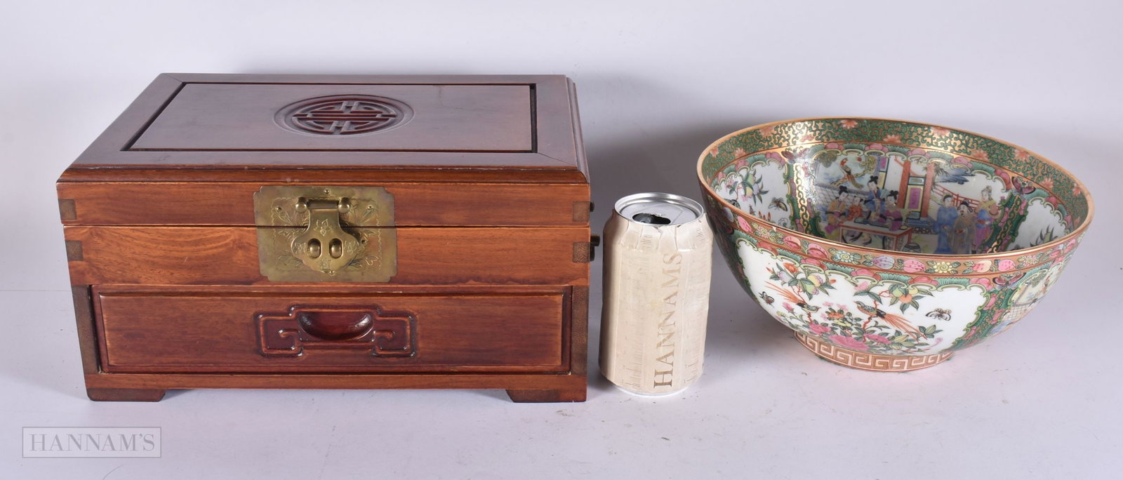 A LARGE CHINESE HARDWOOD JEWELLERY BOX together with a canton famille rose bowl. (2): A LARGE CHINESE HARDWOOD JEWELLERY BOX together with a canton famille rose bowl. (2)