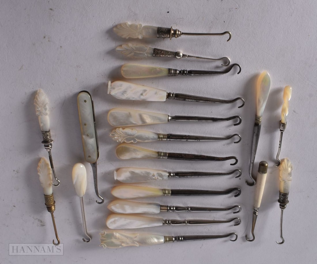 A GROUP OF ANTIQUE MOTHER OF PEARL HANDLED BUTTON HOOKS. (qty) (1 of 4)