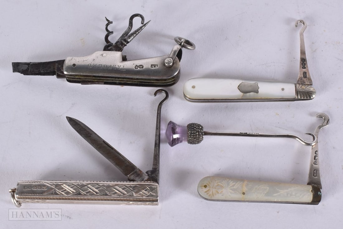 A VICTORIAN SAMSON MORDEN SILVER COMBINATION KNIFE together with other small silver fruit knives etc (1 of 4)