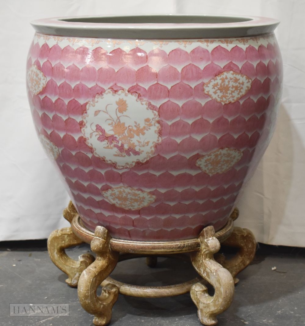 A MONUMENTAL CHINESE YONGZHENG STYLE JARDINIERE ON STAND. 66 cm x 52 cm. (1 of 8)