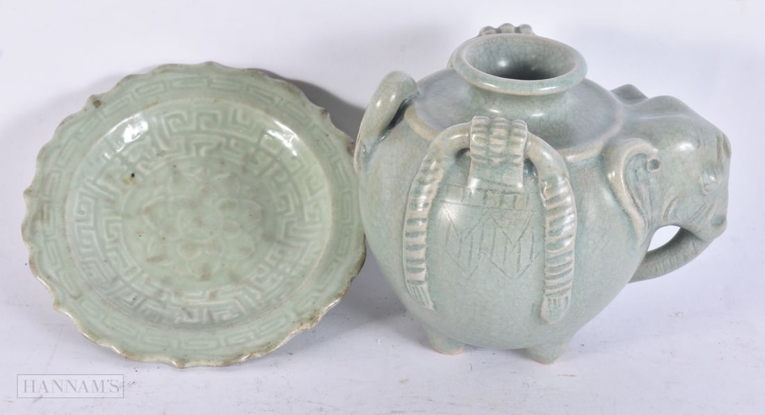 A 19TH CENTURY CHINESE CELADON GLAZED CHRYSANTHEMUM DISH together with an unusual elephant headed ce (1 of 5)