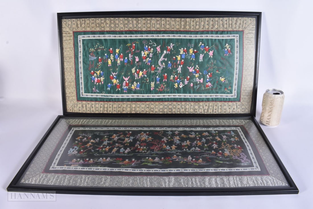 A LARGE PAIR OF CHINESE SILK EMBROIDERED 100 BOYS PANELS. 68 cm x 34 cm. (1 of 7)