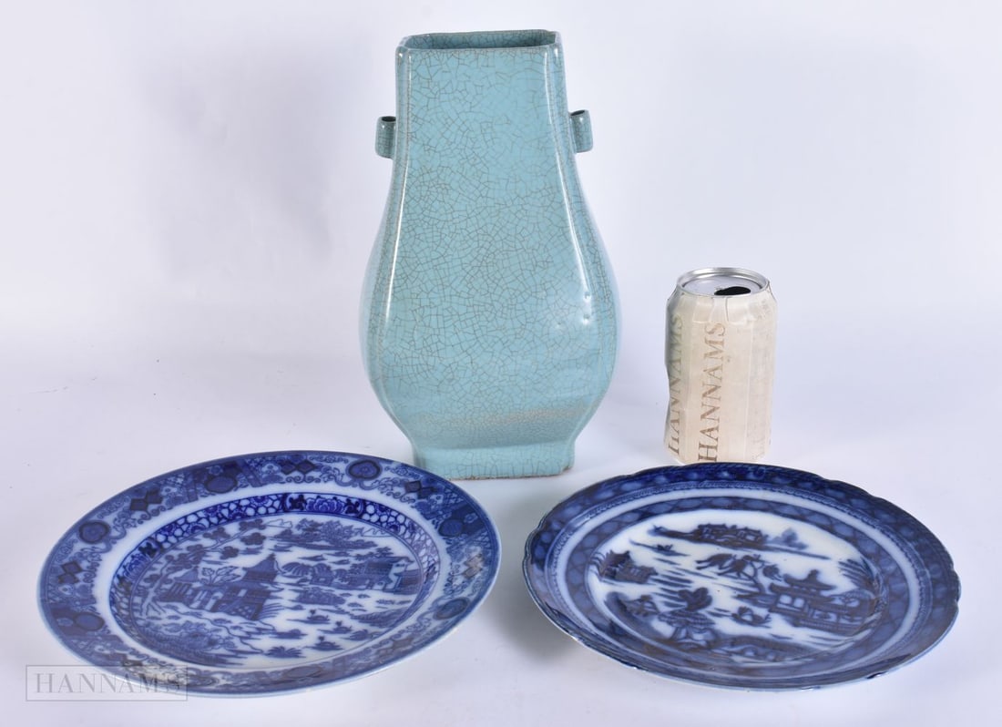 A STUDIO POTTERY CHINESE STYLE BLUE GUAN TYPE MONOCHROME VASE together with two English flow blue pl (1 of 7)