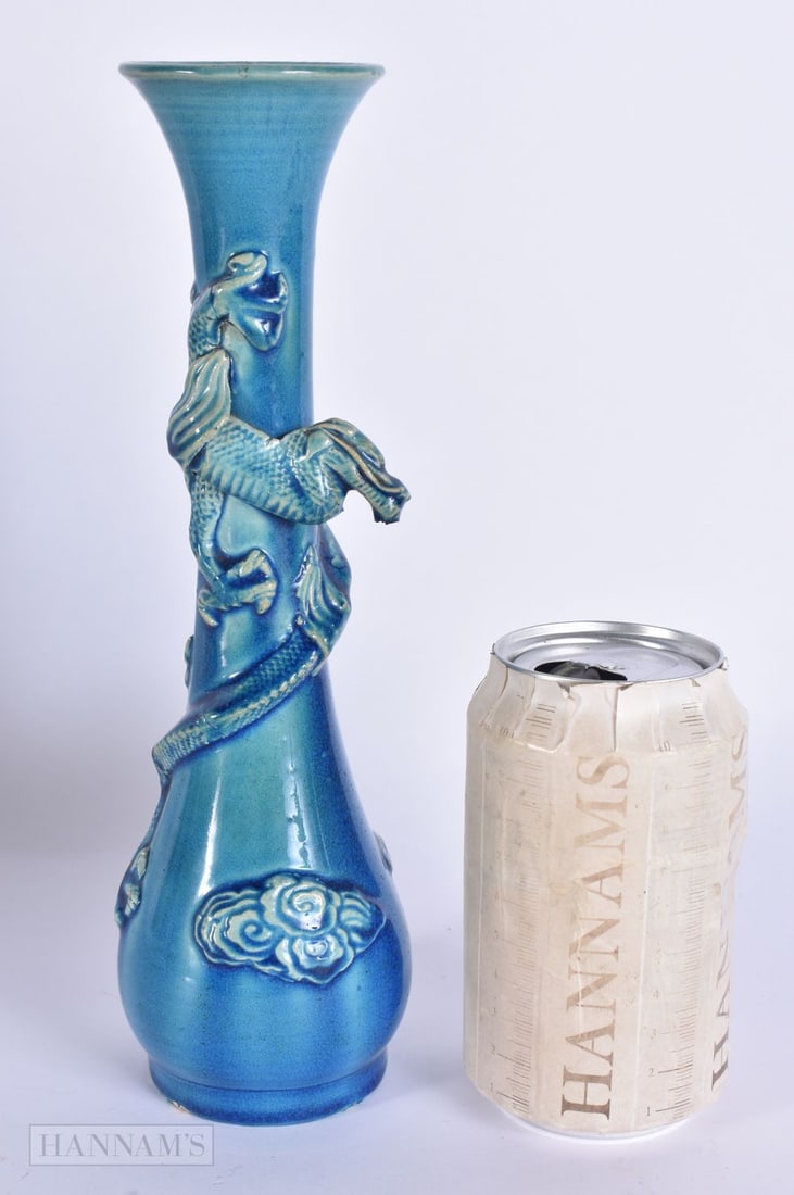 A 19TH CENTURY JAPANESE MEIJI PERIOD BLUE GLAZED DRAGON VASE. 24 cm high.: A 19TH CENTURY JAPANESE MEIJI PERIOD BLUE GLAZED DRAGON VASE. 24 cm high.