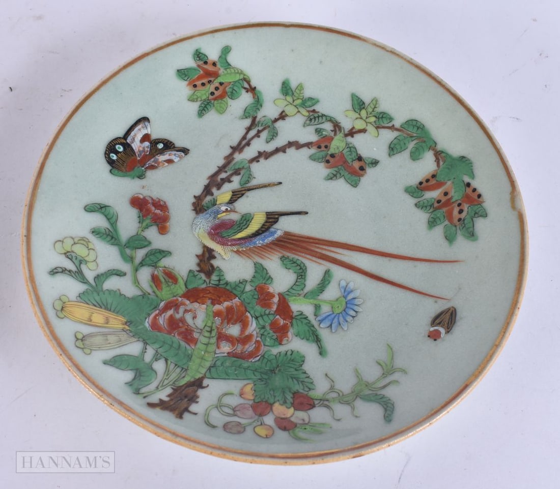 A 19TH CENTURY CHINESE CELADON FAMILLE ROSE PORCELAIN DISH Qing. 18.5 cm wide.: A 19TH CENTURY CHINESE CELADON FAMILLE ROSE PORCELAIN DISH Qing. 18.5 cm wide.