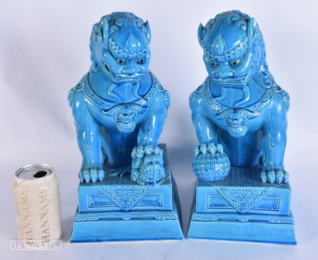 A LARGE PAIR OF EARLY 20TH CENTURY CHINESE TURQUOISE GLAZED PORCELAIN LIONS Late Qing/Republic. 34 c (1 of 7)