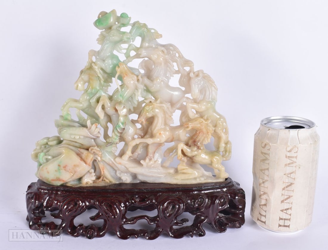 A CHINESE REPUBLICAN PERIOD CARVED JADEITE FIGURE OF HORSES. 24 cm x 19 cm. (1 of 7)