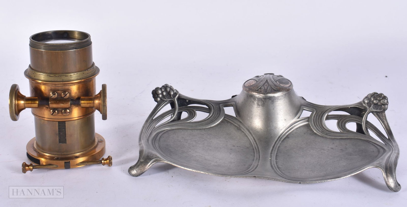 19th Century Brass Petzval Portrait Camera Lens 6 Inch No 230577 545g, together with a pewter inkwel (1 of 5)