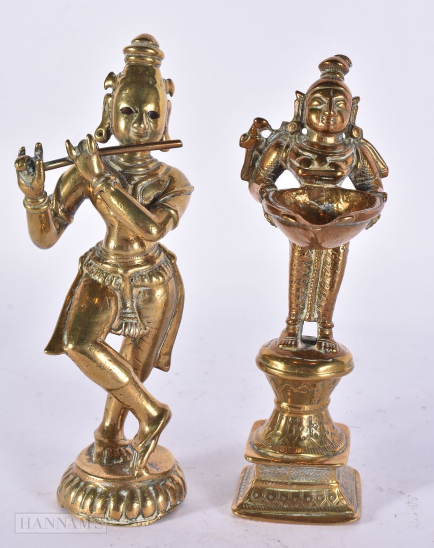 TWO ANTIQUE INDIAN BRONZE DEITIES. Largest 18 cm high. (2) (1 of 5)