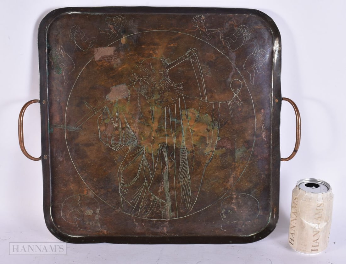 Antique Vintage Copper Tray w/ Etching Depicting Father Time 1670g. 46 cm x 38 cm. (1 of 5)