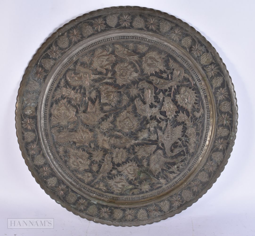 Indo Persian Tray / Wall Hanging Silver Tone w/ Copper Inlay Diameter. 1755 grams. 50 cm wide. (1 of 5)