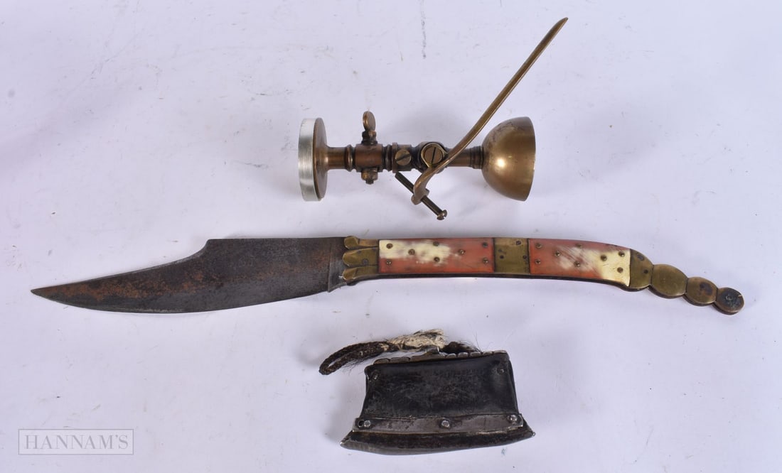 Antique Brass Malligand Ebulliometer Untested together with a Spanish knife & a Tibetan tinder pouch (1 of 6)