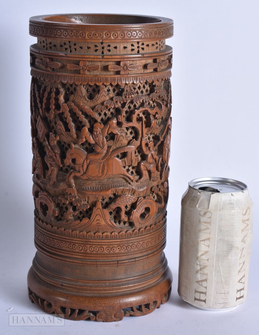 A LARGE 19TH CENTURY CHINESE RETICULATED CARVED BAMBOO BRUSH POT Qing, decorated with figures on hor (1 of 7)