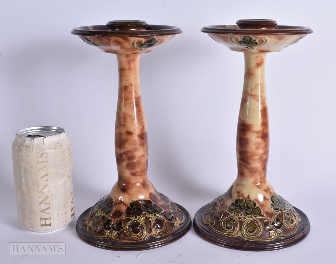 A LARGE PAIR OF ART NOUVEAU ROYAL DOULTON STONEWARE CANDLESTICKS. 24.5 cm high.: A LARGE PAIR OF ART NOUVEAU ROYAL DOULTON STONEWARE CANDLESTICKS. 24.5 cm high.