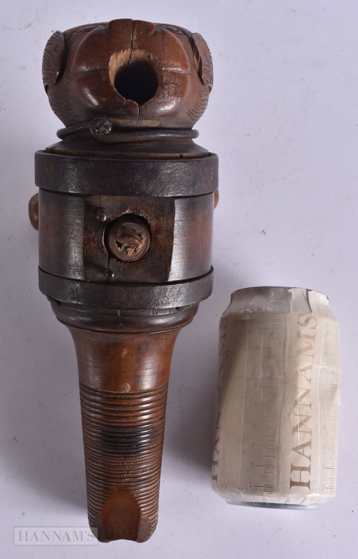 A LARGE MID 19TH CENTURY TREEN CARVED WOOD DOG HEAD BARREL TAP. 27 cm high. (1 of 4)