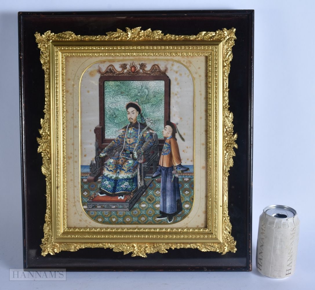 Chinese School (C1830) Watercolour, Pith, Fine painting of a male upon a dragon throne. 44 cm x 38 c (1 of 9)