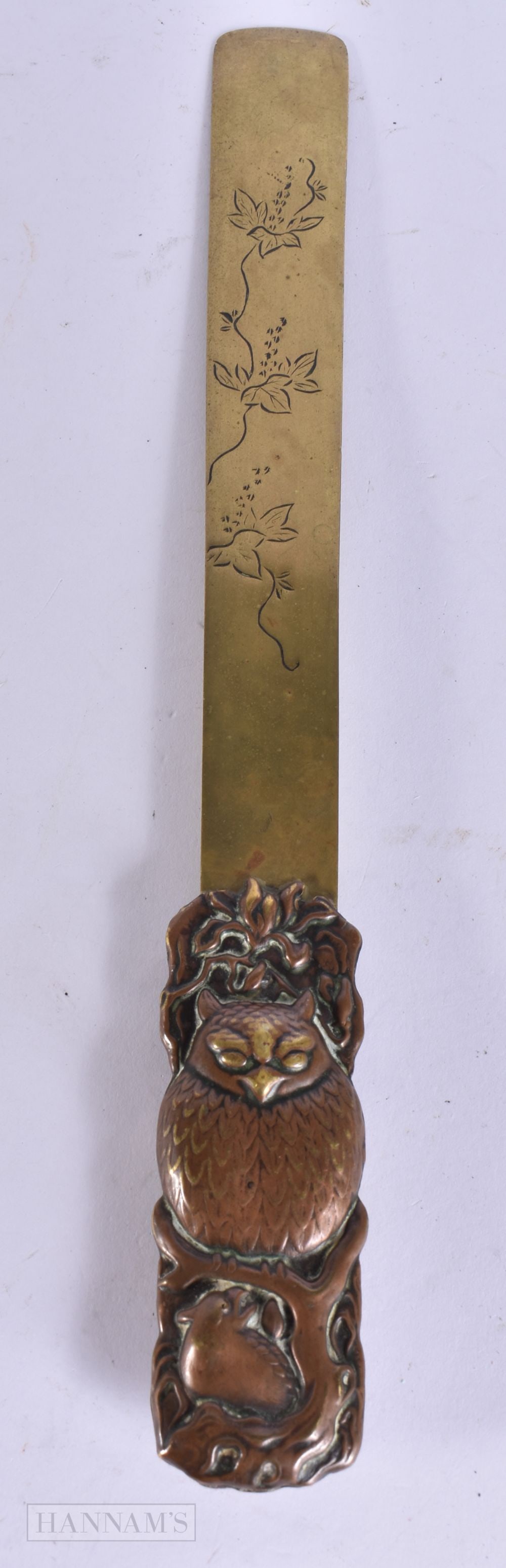 A 19TH CENTURY JAPANESE MEIJI PERIOD MIXED METAL OWL LETTER OPENER. 27 cm long.: A 19TH CENTURY JAPANESE MEIJI PERIOD MIXED METAL OWL LETTER OPENER. 27 cm long.