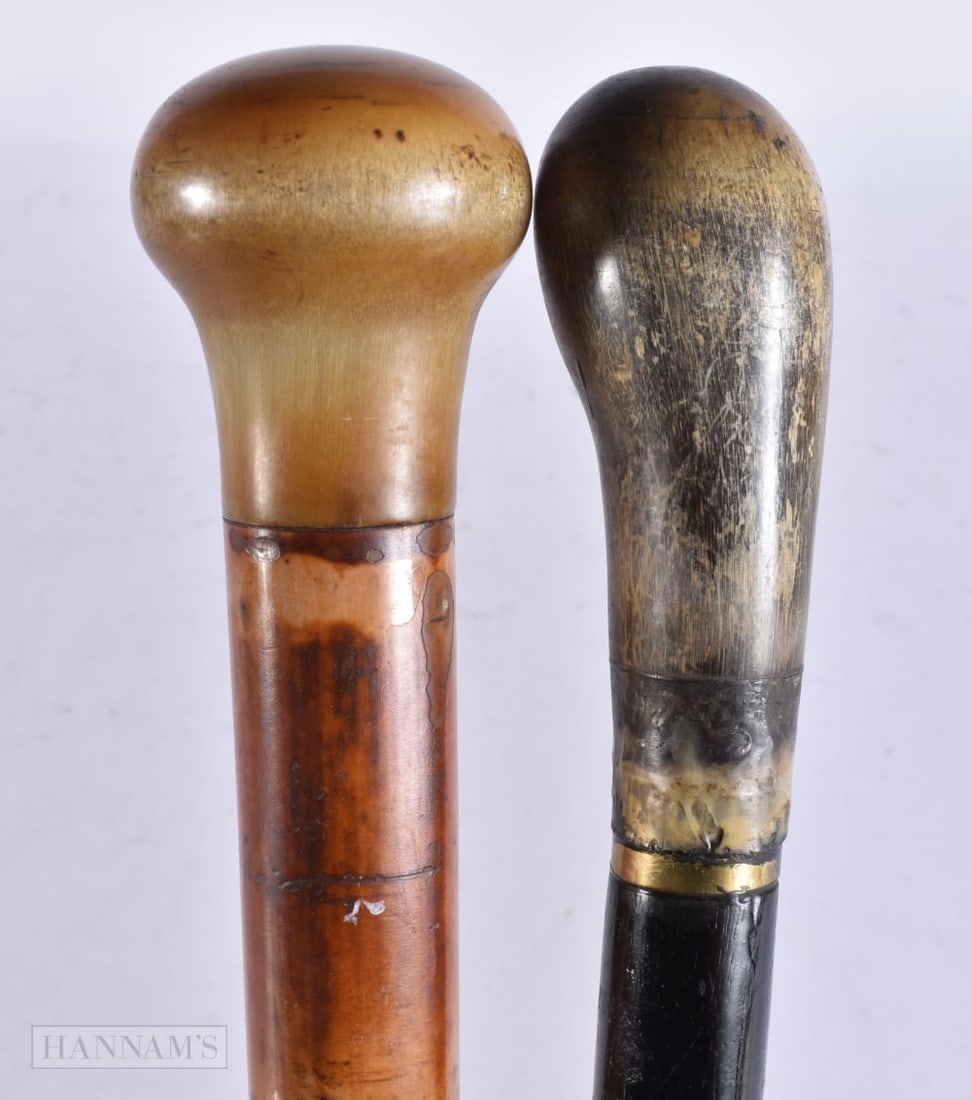 TWO 19TH CENTURY CARVED RHINOCEROS HORN TOPPED WALKING CANES. 92 cm long. (2) (1 of 7)