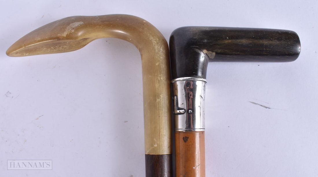 TWO 19TH CENTURY CARVED RHINOCEROS HORN TOPPED WALKING CANES. 92 cm long. (2) (1 of 7)