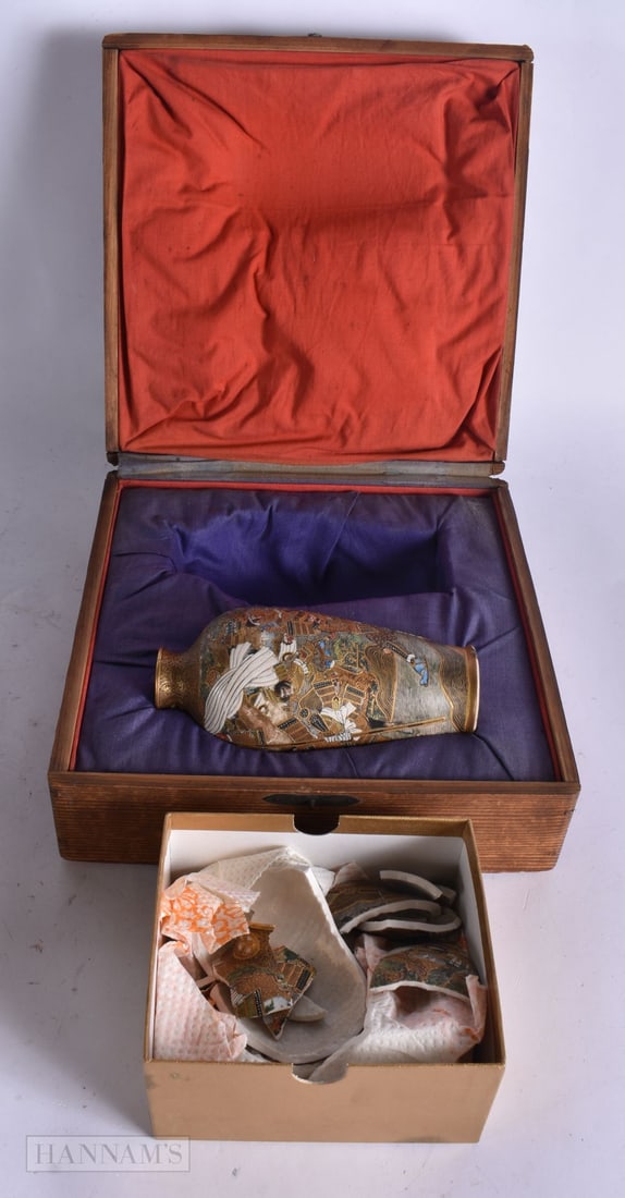 A PAIR OF LATE 19TH CENTURY JAPANESE MEIJI PERIOD SATSUMA VASES painted with warriors within landsca: A PAIR OF LATE 19TH CENTURY JAPANESE MEIJI PERIOD SATSUMA VASES painted with warriors within landscapes. 15 cm high.
