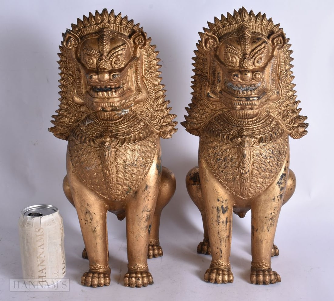 A PAIR OF 19TH CENTURY SOUTH EAST ASIAN CAMBODIAN BRONZE KHMER GUARDIAN LIONS. 40 cm x 20 cm x 15 cm (1 of 6)
