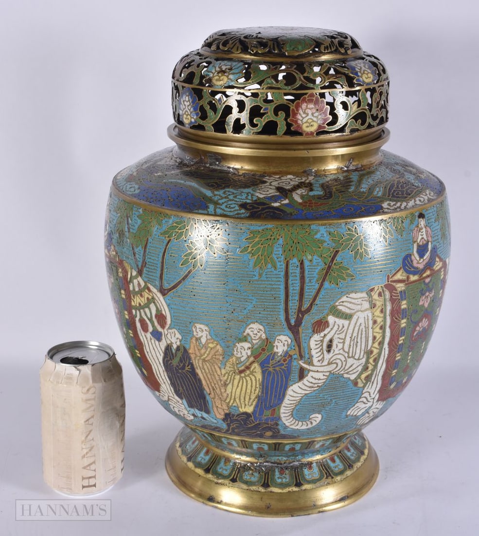 A LARGE 19TH CENTURY CHINESE CHAMPLEVE ENAMEL BRONZE CENSER AND COVER depicting the white elephants (1 of 5)