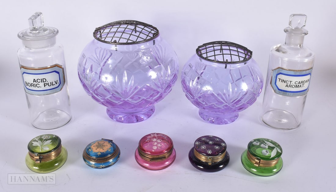 TWO CAITHNESS GLASS POSY VASES together with five enamelled glass boxes and a pair of apothecary bot (1 of 2)