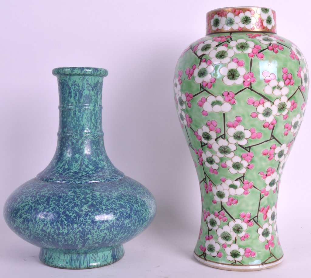 A 19TH CENTURY CHINESE ENAMELLED BALUSTER VASE bearing: A 19TH CENTURY CHINESE ENAMELLED BALUSTER VASE bearing Chenghua marks to base, together with a robins egg type porcelain vase. 10.5ins & 8.25ins high. (2)