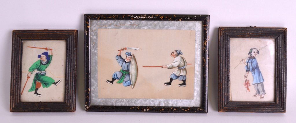 A PAIR OF 19TH CENTURY CHINESE RICE PAPER PORTRAITS: A PAIR OF 19TH CENTURY CHINESE RICE PAPER PORTRAITS together a similar rice paper fighting scene. Largest 5.5ins x 4.25ins. (3)
