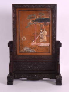 A FINE AND RARE 19TH CENTURY CHINESE ZITAN AND: A FINE AND RARE 19TH CENTURY CHINESE ZITAN AND HARDSTONE EROTIC TABLE SCREEN ON STAND decorated in soapstone, coral and stained ivory upon a bamboo ground with two scholars within a landscape, the sli