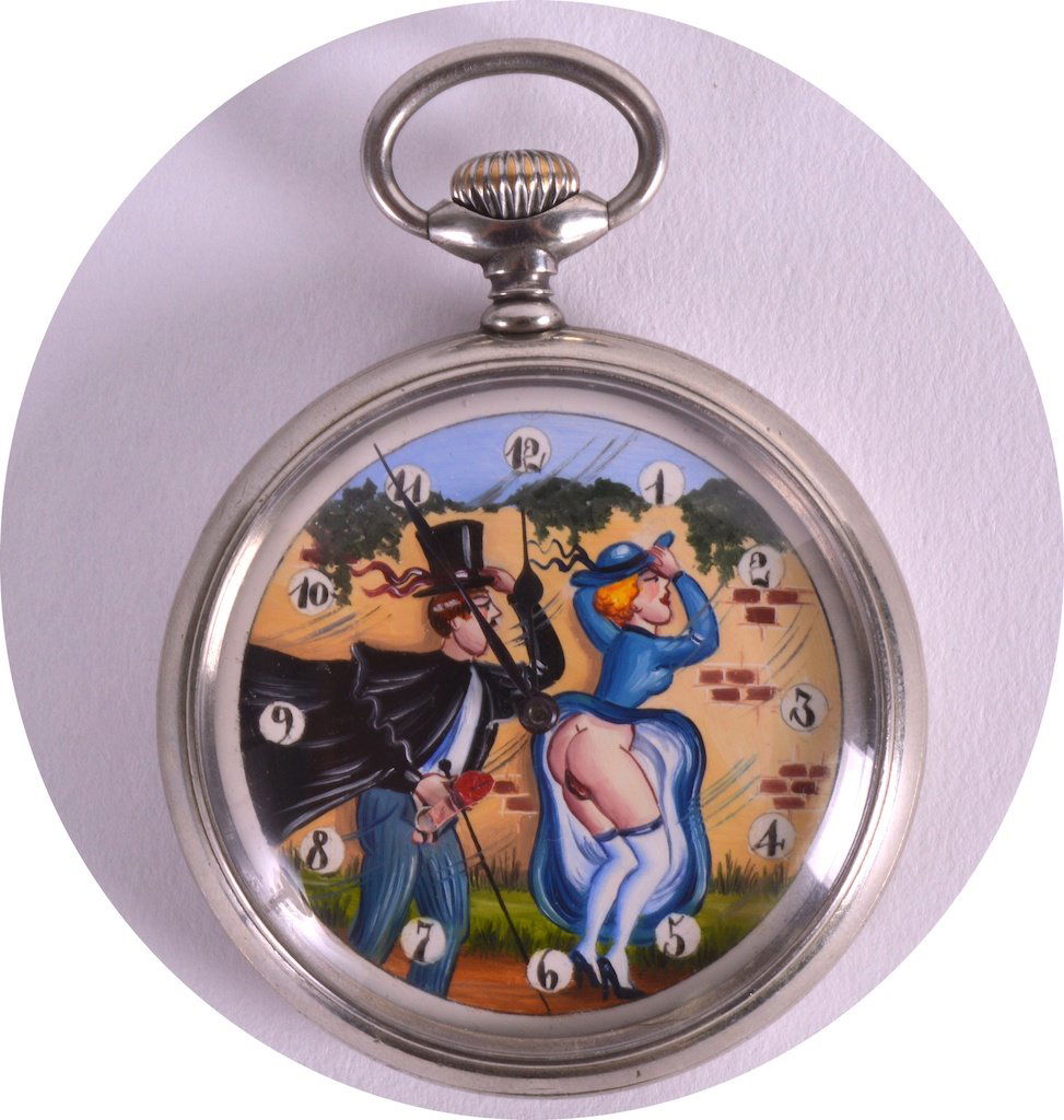 AN EARLY 20TH CENTURY SWISS DOXA EROTIC POCKET WATCH: AN EARLY 20TH CENTURY SWISS DOXA EROTIC POCKET WATCH decorated with a scene of a male and female copulating. 2ins diameter. £100-150