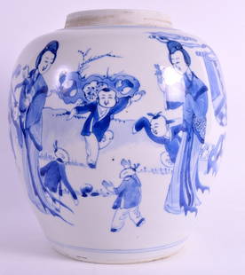 A 17TH CENTURY CHINESE BLUE AND WHITE GINGER JAR: A 17TH CENTURY CHINESE BLUE AND WHITE GINGER JAR Kangxi, painted with females and children within gardens, under clouds and motifs.