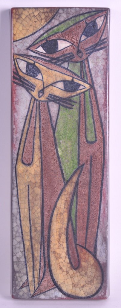 MARIANNE STARCK (C1960) GERMAN A DANISH RETRO MICHAEL: MARIANNE STARCK (C1960) GERMAN A DANISH RETRO MICHAEL ANDERSEN & SONS ENAMELLED PLAQUE decorated with cats. 1ft 5ins x 5.5ins.