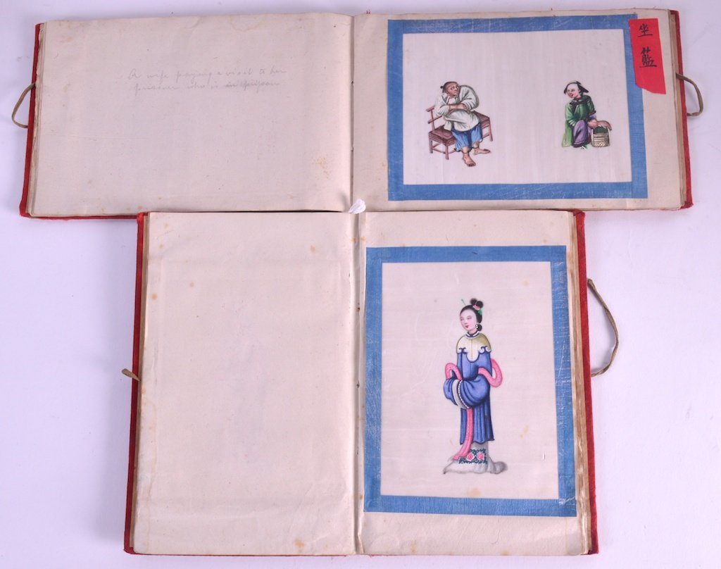 CHINESE SCHOOL (19TH CENTURY) AN ALBUM OF TWELVE: CHINESE SCHOOL (19TH CENTURY) AN ALBUM OF TWELVE CHINESE PITH PAPER WORKS depicting females within interiors, together with another Album of twelve pith paper ‘torture’ scenes. Image 5.75ins x 4in