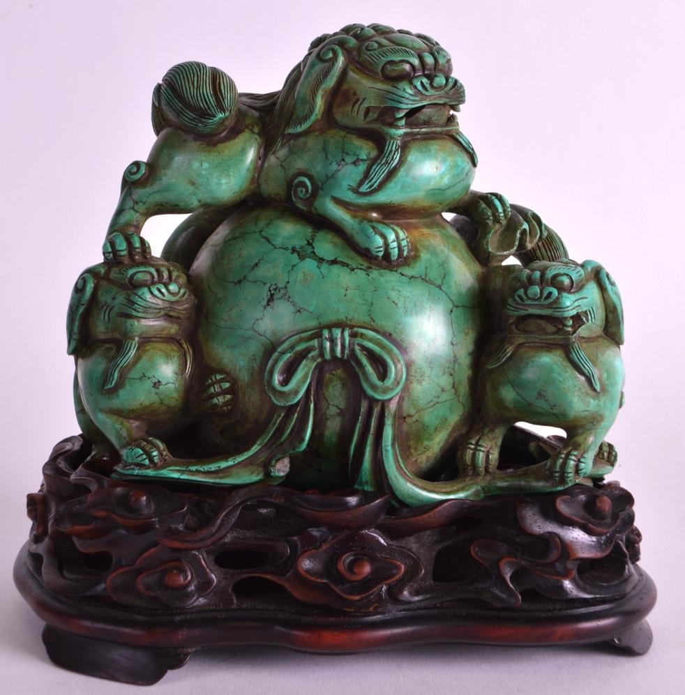 AN EARLY 20TH CENTURY CHINESE CARVED TURQUOISE FIGURAL (1 of 3)